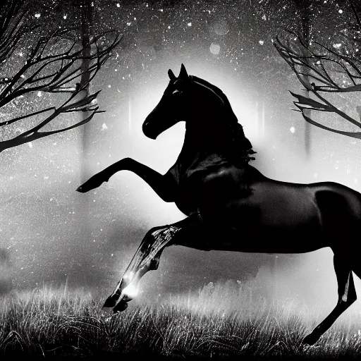 Image similar to photo of a black horse with wings of a a bat flies in the light of the full moon in the forest, high detail