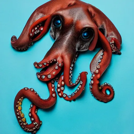 Prompt: dog in the shape of an octopus, hyper real, food photography