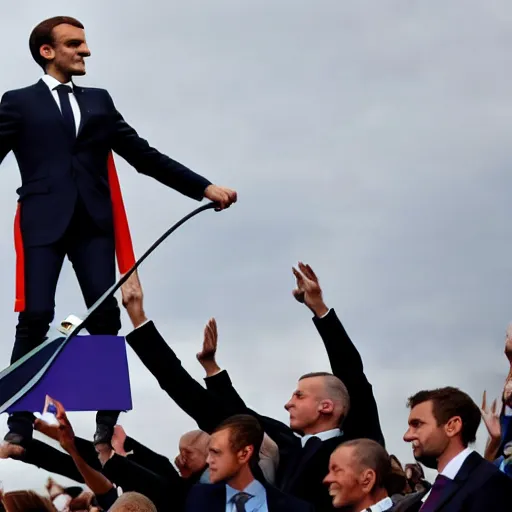 Prompt: Giant Emmanuel Macron riding on the Arc of Triumph