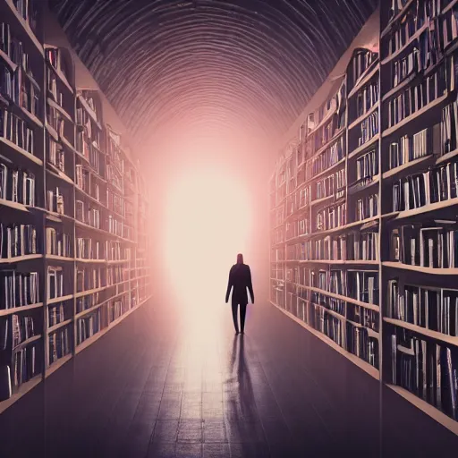 Prompt: the moment of enlightenment for an female android in a room of books, dark, glowing