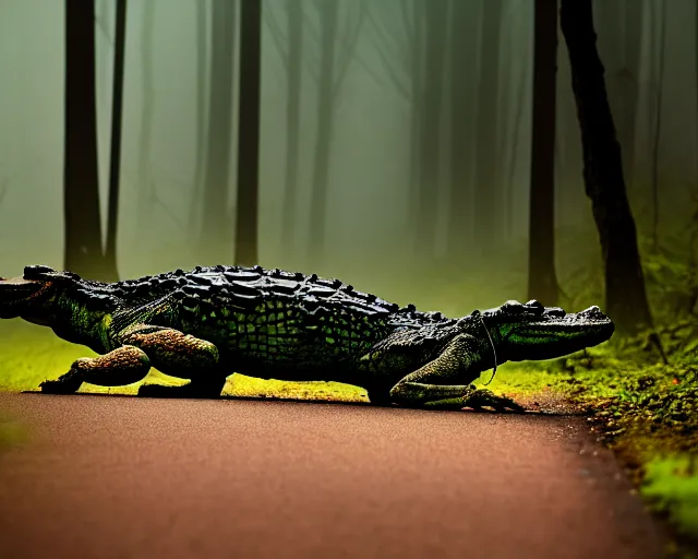 Image similar to a lomography photo of crocodile with fairy wings on foggy forest road this morning, bokeh,