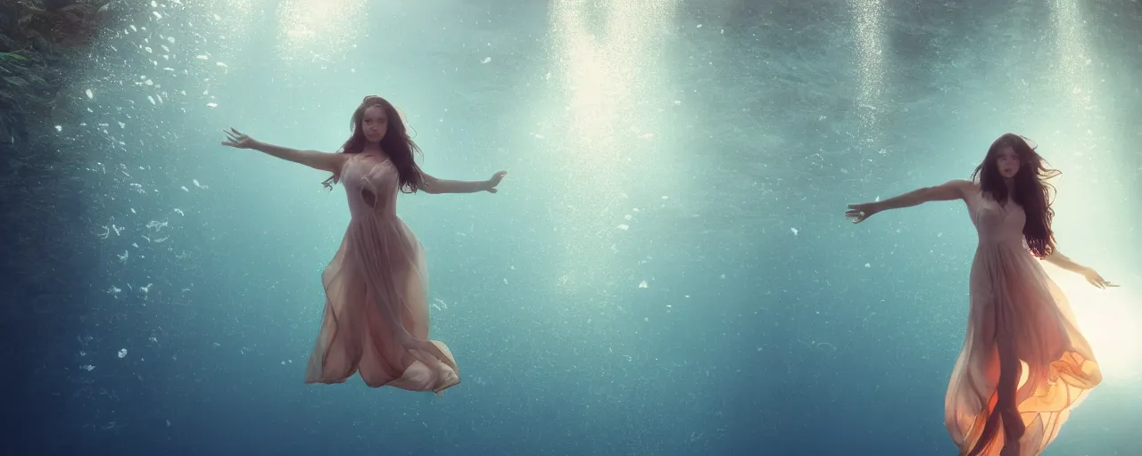 Prompt: beautiful female portrait, full body, diver in long flowy dress, underwater, cinematic volumetric lighting, soft bokeh, 8 k, by wlop, by ross tran
