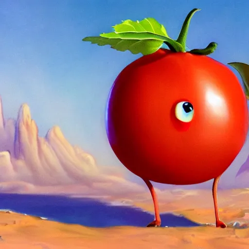 Prompt: a beautiful matte painting of bob the tomato, by steve argyle and mark arian