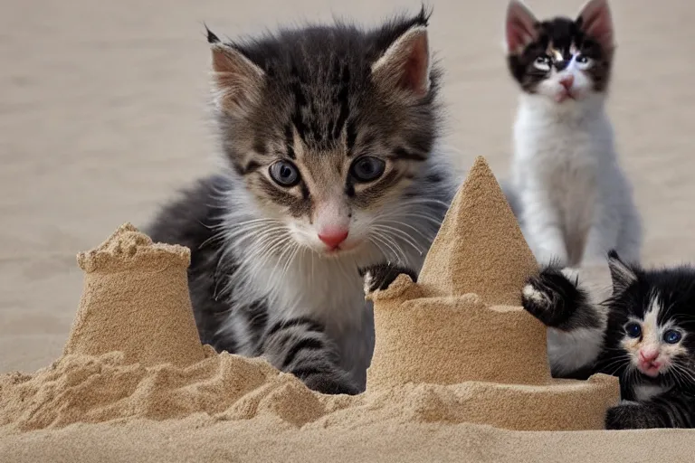 Prompt: kittens building a sand castle