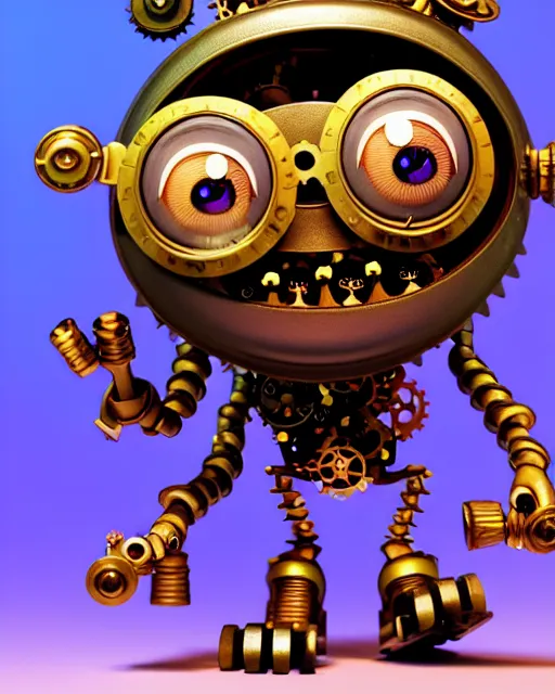 Prompt: a tiny cute steampunk gizmo monster with cogs screws big eyes smiling waving, back view, isometric 3 d, ultra hd, character design by mark ryden pixar hayao miyazaki, unreal 5, daz, hyperrealistic, octane render, cosplay, rpg portrait, dynamic lighting, intricate detail, summer vibrancy, cinematic, centered