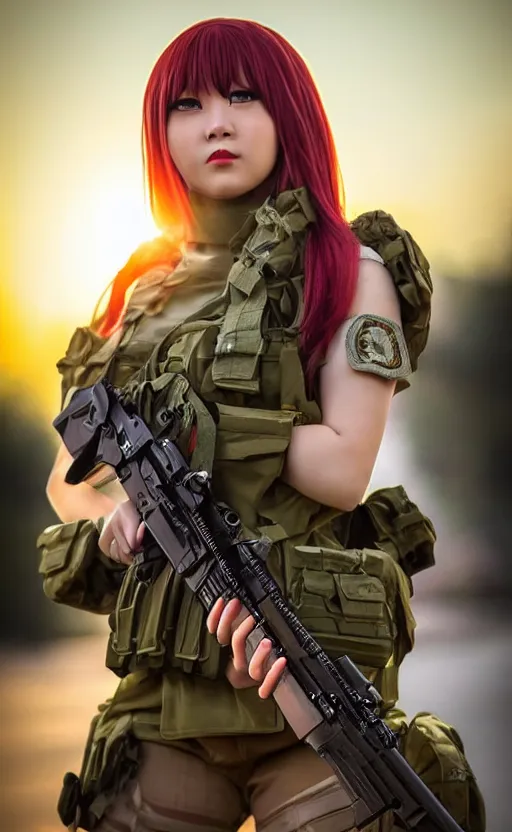 Prompt: portrait photo, highly detailed, high resolution, cosplay photo, stunning, real sunset, inspired by girls frontline, bokeh soft, 100mm, trending on instagram, by professional photographer, realistic human anatomy, smiling face, realistic military carrier, soldier clothing, modern warfare, realistic guns, cinematic shot, shot with a canon