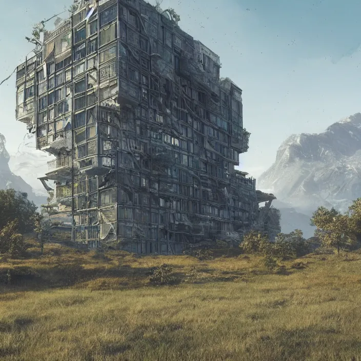 Prompt: a building in a serene landscape, biopunk