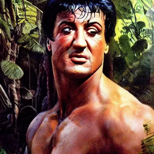 Prompt: color portrait of sylvester stallone in the jungle by frank frazetta, likeness ! asthetic ! detail ! face identity preserved ! recognizable !