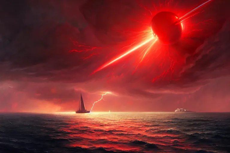 Prompt: A beautiful matte painting of huge spherical alien spaceship attacking with powerful red lasers a Sailship in ocean in thunderstorm, by greg rutkowski, trending on artstation, concept art