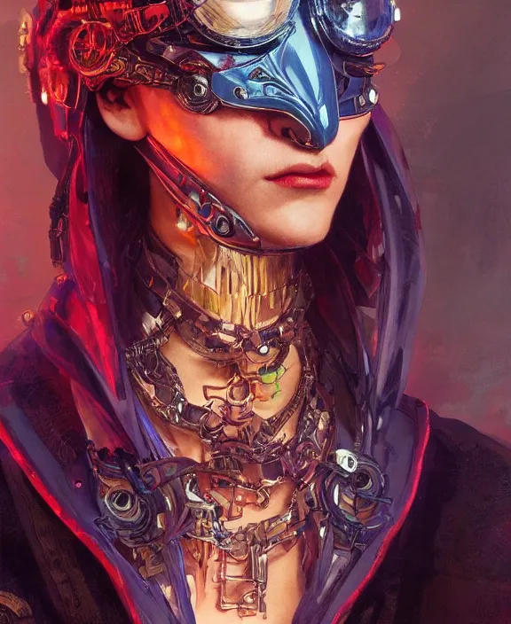 Prompt: portrait of a cyberpunk masked evil, half body, glowin eyes, d & d, fantasy, intricate, elegant, highly detailed, colorful, vivid color, digital painting, artstation, concept art, art by artgerm and greg rutkowski and alphonse mucha and ruan jia