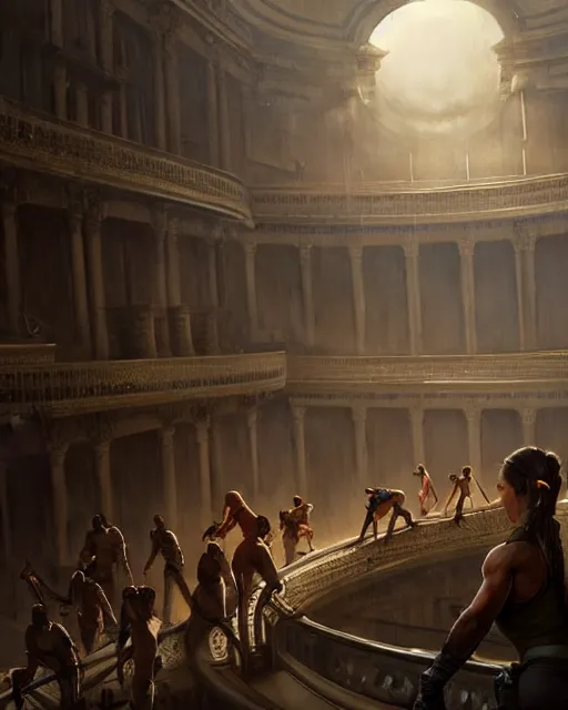 Image similar to lara croft exploring an italian opera house with numerous musclebound male goons patrolling the area, by wlop, greg rutkowski and peter mohrbacher, extremely detailed shading, concept art, digital painting, trending on artstation, unreal engine 5, octane render, atmosphere, lens flare, glow, cinematic lighting, full of color