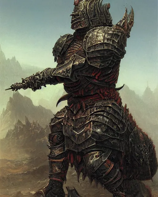 Image similar to a heavily armoured orc warrior by Thomas Cole and Wayne Barlowe