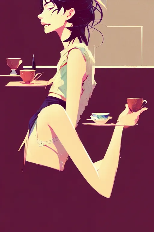 Image similar to a ultradetailed beautiful panting of a stylish woman sitting in a cafe, by conrad roset, greg rutkowski and makoto shinkai, trending on artstation