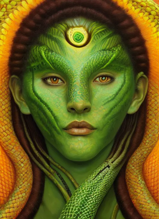 Image similar to a surreal painting of the ayahuasca vine plant spirit mixed with the face of a beautiful indigenous woman with green snake skin and yellow snake eyes, matte painting, by christophe vacher, trending on artstation