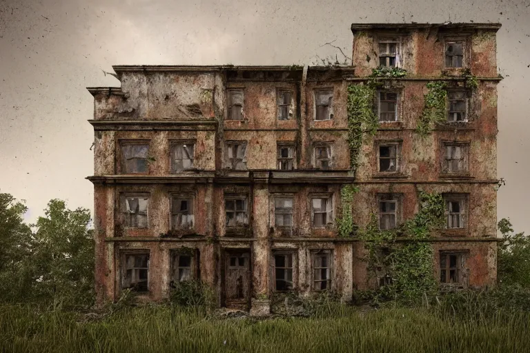 Image similar to ruined, abandoned polish mansion, seen from inside and overgrown by plants. Low camera angle. 40 mm lens. First light of day falls through the broken windows. Dirt, leaves on ground. Warm colors. Octane render. Substance painter. Zbrush. Trending on artstation. 8K. Highly detailed.
