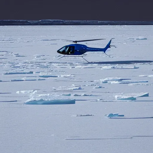 Image similar to a blue helicopter flying over ice floes