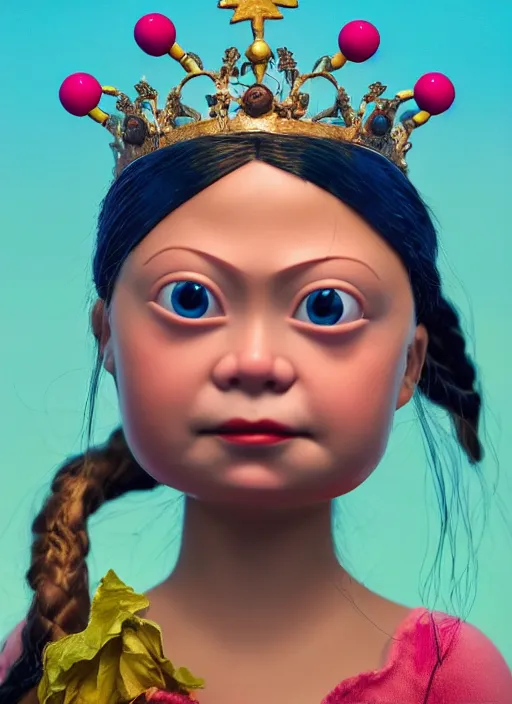Prompt: closeup face profile portrait of tin toy greta thunberg as a bikini model princess wearing a crown eating cakes, depth of field, zeiss lens, detailed, symmetrical, centered, fashion photoshoot, by nicoletta ceccoli, mark ryden, lostfish, breathtaking, 8 k resolution, extremely detailed, beautiful, establishing shot, artistic, hyperrealistic, octane render
