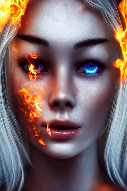 Image similar to young blonde woman playing with fire coming out of her eyes, cyberpunk, realistic, high definition, many details, dramatic scene, symmetrical face, realistic eyes, unreal engine art 5