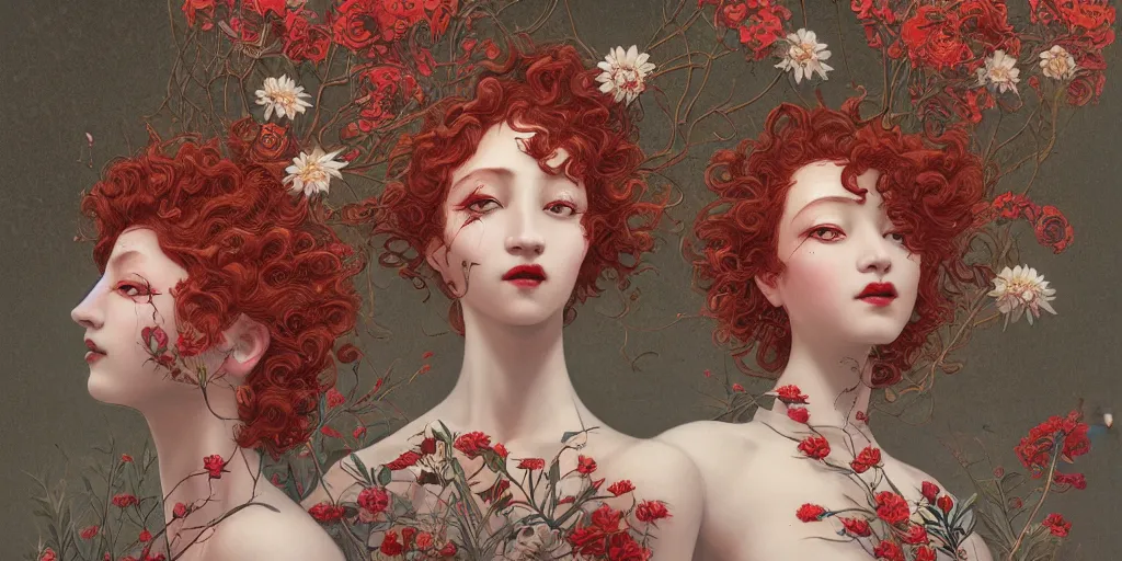 Image similar to breathtaking detailed concept art painting art deco pattern of red short curly hair faces goddesses amalmation flowers with anxious piercing eyes and blend of flowers and birds, by hsiao - ron cheng and john james audubon, bizarre compositions, exquisite detail, extremely moody lighting, 8 k