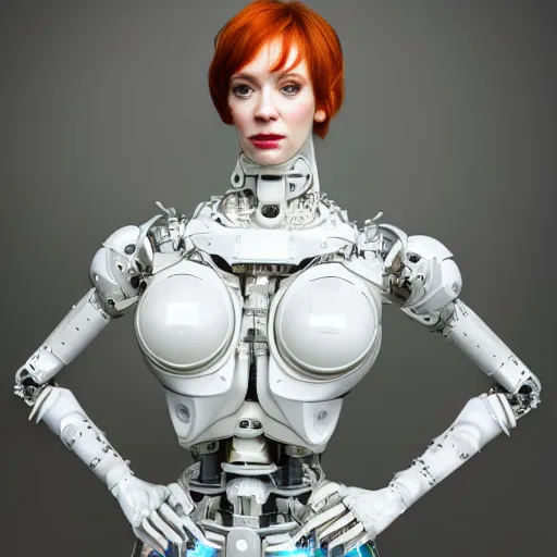 Prompt: beautiful centered Fine art photo portrait of Christina Hendricks as a solarpunk robotic humanoid, white mechanical parts with led lights, photorealistic, white background, highly detailed and intricate, suns lighting, HDR 8k