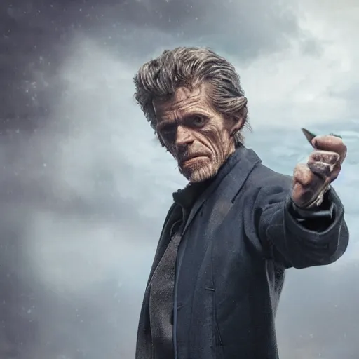 Image similar to willem dafoe as a rough dirty old man with a scruffy beard in a dark blue trenchcoat as the new doctor who, cinematic, volumetric lighting, f 8 aperture, cinematic eastman 5 3 8 4 film, photorealistic by greg rutkowski