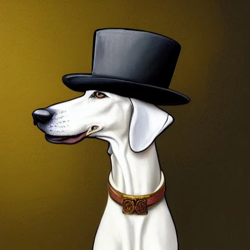 Image similar to Portrait of an anthropomorphic White Greyhound Mafia Don wearing a black fedora hat and holding a smoking cigar in a smoky room. Very high quality. Drawn by James Christensen