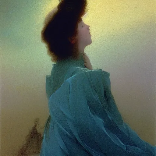 Image similar to young woman's face, her hair is white and she wears a cobalt blue duchesse satin cloak, by ivan aivazovsky and syd mead and moebius and gaston bussiere and roger dean and willem claesz and pieter claesz and paul delaroche and alma tadema and aelbert cuyp, hyperrealistic, volumetric light, octane