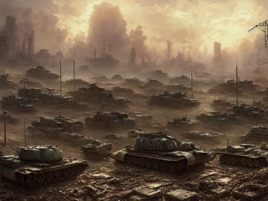 Prompt: a highly detailed matte painting of a post apocalyptic irradiated warzone with broken world war one tanks and discarded power armor, by studio ghibli, makoto shinkai, by artgerm, by wlop, by greg rutkowski, volumetric lighting, octane render, 4 k resolution, trending on artstation, masterpiece
