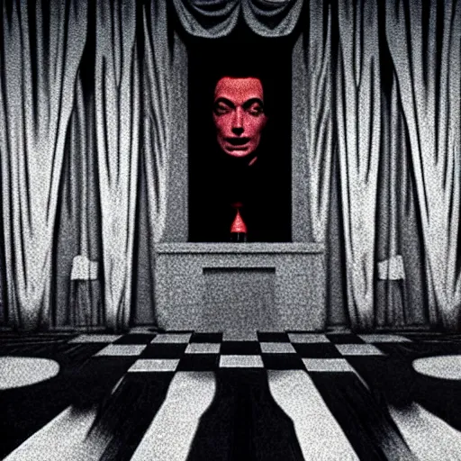 Image similar to the black lodge, Twin Peaks (1990), eerie surreal nightmare, lynchian, inspired by david lynch, red curtains, ominous, 4k horror artwork, trending on artstation, sharp focus