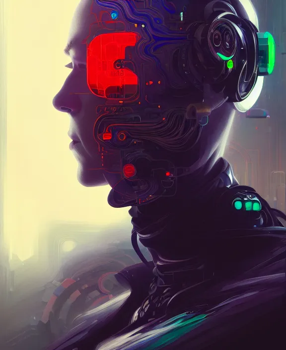 Image similar to a whirlwind inside the metaverse, guy, male, man, hologram, half body, neurochip, android, cyborg, cyberpunk face, by loish, d & d, fantasy, intricate, elegant, highly detailed, colorful, digital painting, artstation, concept art, art by artgerm and greg rutkowski and alphonse mucha