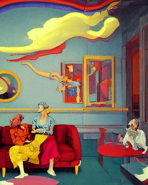 Image similar to old dead couple sitting on a couch and a person inside a large aquarium with clouds at red and yellow art deco interior room in the style of Francis Bacon and Syd Mead, open ceiling, highly detailed, painted by Francis Bacon and Edward Hopper, painted by James Gilleard, surrealism, airbrush, very coherent, triadic color scheme, art by Takato Yamamoto and James Jean