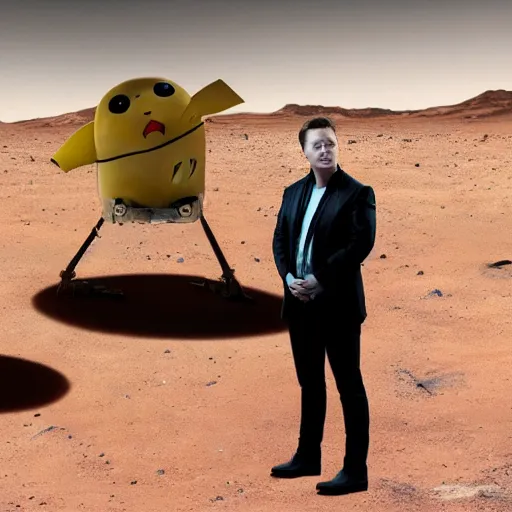 Prompt: Elon Musk hanging out with Pikachu on Mars, Realistic, 4k, Highres, High Detail, Film Grain, Lens Flare