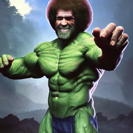 Image similar to full body portrait , photomanipulation of BOB ROSS as hulk with human flesh, marvel, fully detailed, volumetric lightening, octane render, 8k, masterpiece, epic composition