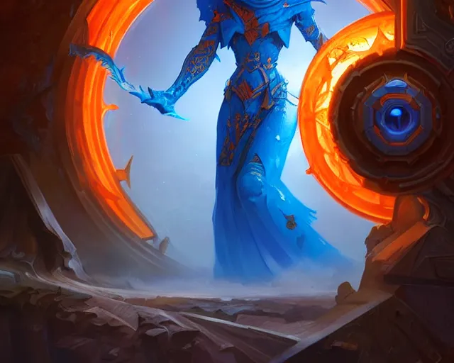 Image similar to blue and orange portal, deep focus, d & d, fantasy, intricate, elegant, highly detailed, digital painting, artstation, concept art, matte, sharp focus, illustration, hearthstone, art by artgerm and greg rutkowski and alphonse mucha