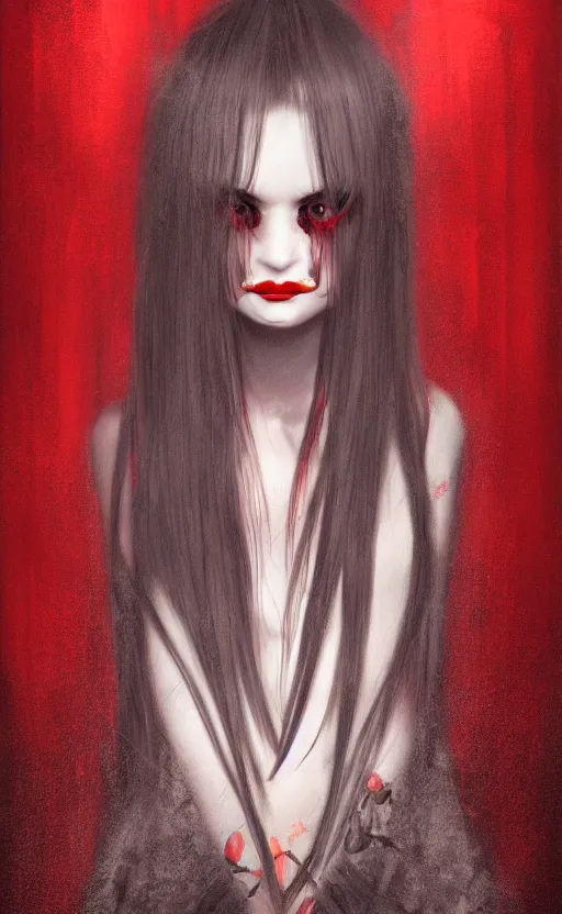 Image similar to ''beautiful girl with long hair, red eyes, japanese miko suit, creepy eyes, creepy art, concept art, artstation, digital painting, 4 k''