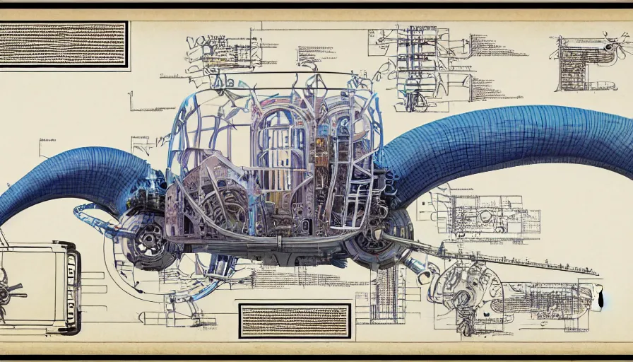 Image similar to a full page of a mechanical blueprint showing a cutaway design for a mechanized brontosaurus from howl's moving castle ( 2 0 0 4 ), with people inside piloting it, muted colors, post grunge, studio ghibli, hq