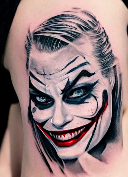 Image similar to tattoo design of margot robbie with joker makeup, ace card, in the style of matteo pasqualin, realistic face, black and white, realism tattoo, hyper realistic, highly detailed