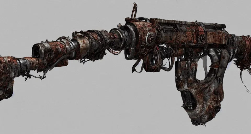 Image similar to Techno-biological rusty rifle consisting of tumors, veins, bones, kidneys, wires. Biopunk, body-horror, high detail, photorealism, full length view, very rust, concept art, octane render, 16k, 8k