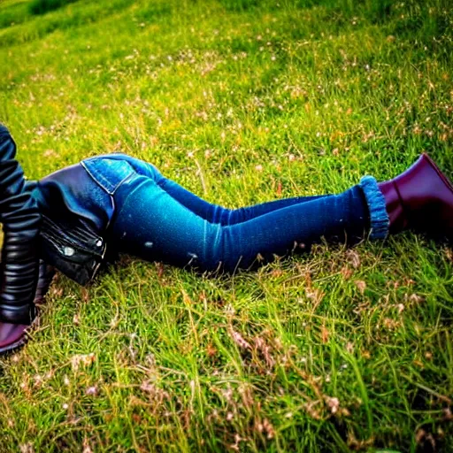 Image similar to young girl lies on a meadow, she wears leather jacket, jeans and knee high black boots, sharp focus, photo taken by nikon, 4 k,