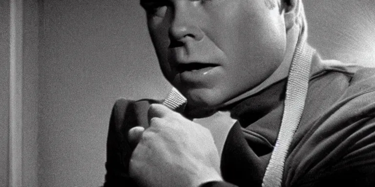 Image similar to photorealistic close up shot cinematography of young william shatner aka james t kirk acting in a twilight zone episode shot on film at magic hour with the sun shining into a large 6 0's hotel lobby room filled with volumetric haze by the shining cinematographer john alcott on a cooke panchro 6 5 mm macro lens.