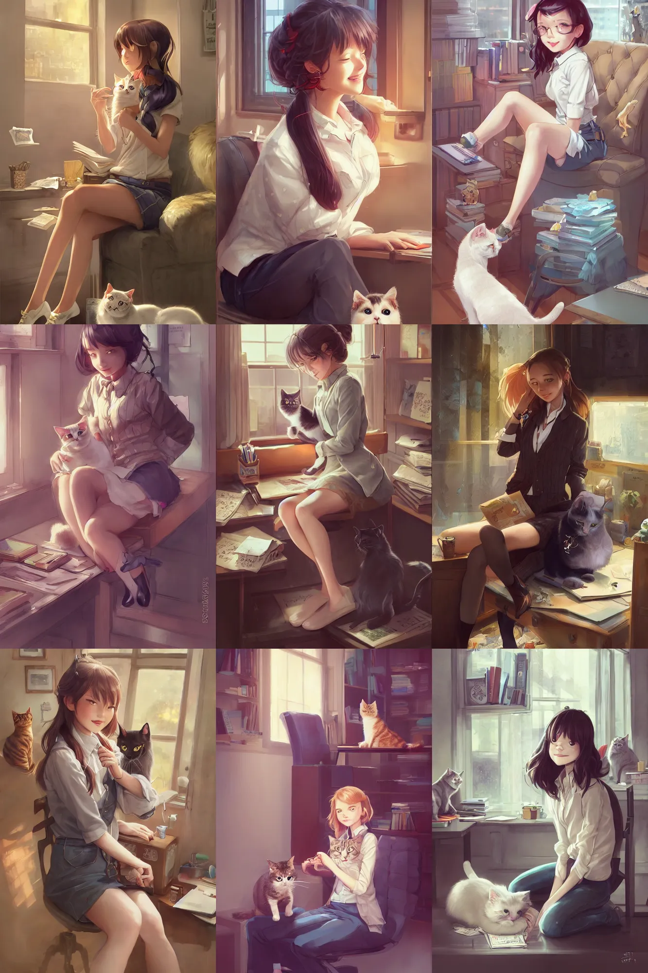 Prompt: a beautiful detective girl sitting in her office petting a cat in her lap | | cute - fine - subtle smile, face, pretty face, fine details by stanley artgerm lau, wlop, rossdraws, james jean, andrei riabovitchev, marc simonetti, and sakimichan, trending on artstation