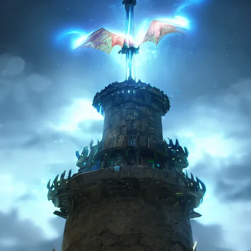 Image similar to detailed artistic photo of an electric dragon flying above a siege tower at night cinematic dramatic lighting fantasy 8k artstation