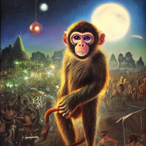 Image similar to A monkey at ozora festival by night, by Heather Theurer