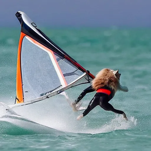 Prompt: A ragdoll cat windsurfing, cool, impressive, skilled