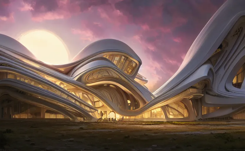 Prompt: exterior shot of utopian architecture building with cinematic lighting by zaha hadid and renzo piano, darek zabrocki and greg ruthkowski, alphonse mucha, simon stalenhag, cinematic, beautiful, holy place, paradise, scifi, futurism, atmospheric, sunset, award winning, concept art, artstation, trending on artstation