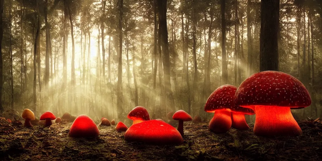 Prompt: Photo by Filip Hodas of the cinematic view of the Forest of the Giants, various giant mushrooms, some little mushrooms on the floor, A very big red mushroom with white spots, photorealism, a few sun ray of lights falling with dust, photo taken with canon 5D