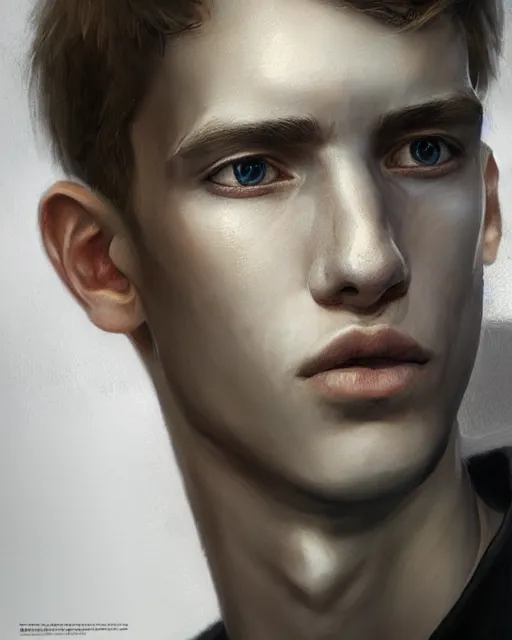 Image similar to portrait of 1 5 - year - old boy, a tall, slender boy with a pale, pointed face, white - blond hair, grey eyes, wearing in shirt hyper realistic face, beautiful eyes, fantasy art, in the style of greg rutkowski, intricate, hyper detailed, smooth