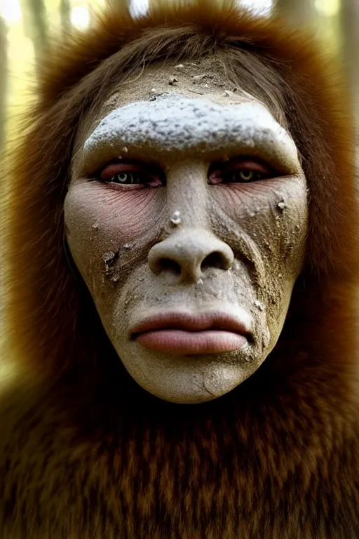 Image similar to a professional portrait photo of a neanderthal woman in the forest in winter, mud on face, black stripe across her eyes, ginger hair and fur, extremely high fidelity, natural lighting, still from the movie quest for fire