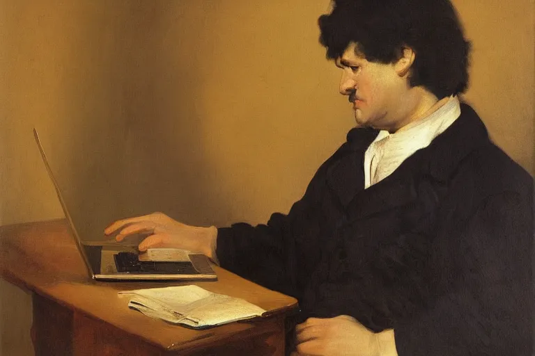 Prompt: a painting of a man bewildered by his laptop, a portrait by francisco jose de goya, pexels, classical realism, studio portrait, dutch golden age, ilya kuvshinov