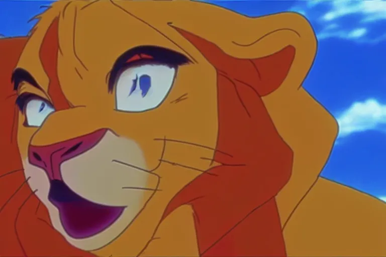 Prompt: simba from the lion king in a still from the anime neon genesis evangelion, neon genesis evangelion official media, high quality, hideaki anno anime